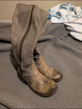 "Freebird By Steven" Tall Distressed Leather Riding Boots in Taupe